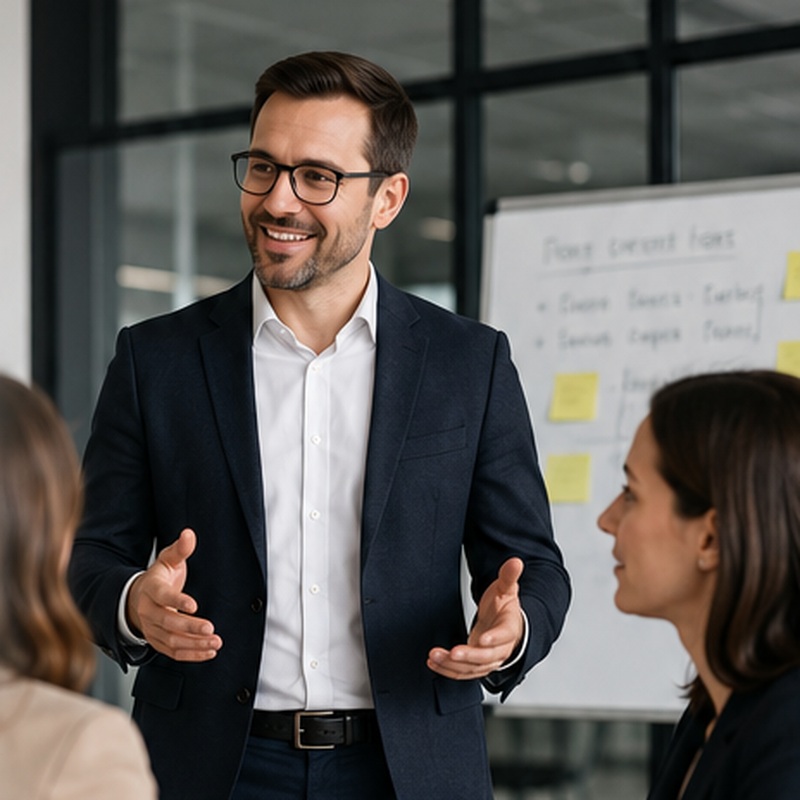 Nuevo directivo liderando una reunión con su equipo